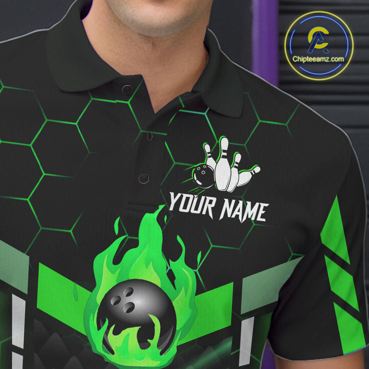 Black And Green Bowling Jersey For Men Custom Flame Bowling Shirt Team Polo & Quarter Zip TDM5825