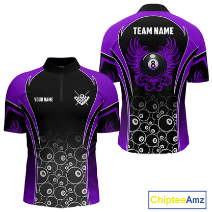 Personalized Black and Purple 8 Ball Wings Quarter Zip Billiard Shirt for Men Created for Competitive Pool League Teams with Performance Fabric and Tournament Ready Team Design