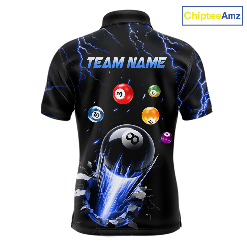 Custom Blue Lightning Strike 8 Ball Pool Polo Shirt for Men Designed for Personalized Billiard League Team Jerseys with Premium Athletic Performance and Bold Storm Graphics