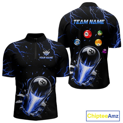 Personalized Blue Lightning Strike 8 Ball Quarter Zip Billiard Shirt for Men Created for Competitive Pool League Teams with Performance Fabric and Tournament Ready Team Design