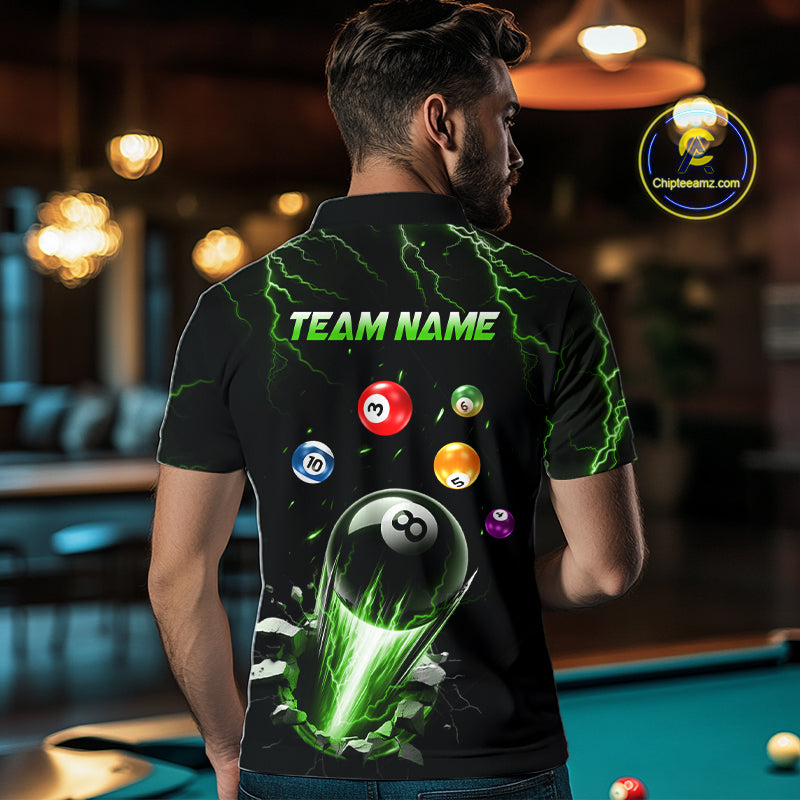 Man Wearing Custom Green Lightning Strike 8 Ball Pool Billiard League Team Jersey Featuring the Complete Rear Graphic Design, Back View