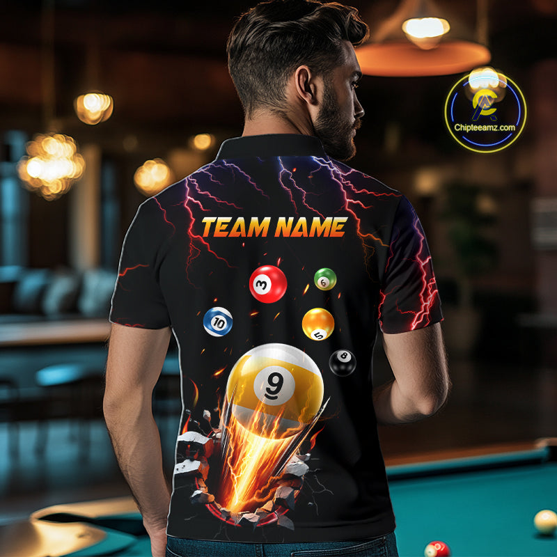 Man Wearing Custom Thunder Lightning Strike 9 Ball Pool Billiard League Team Jersey Featuring the Complete Rear Graphic Design, Back View