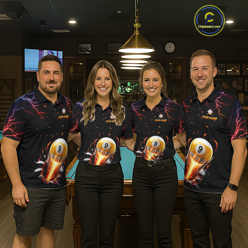 Pool Team Wearing Custom Thunder Lightning Strike 9 Ball Billiard Jerseys During League Competition and Tournament Matches, Front View