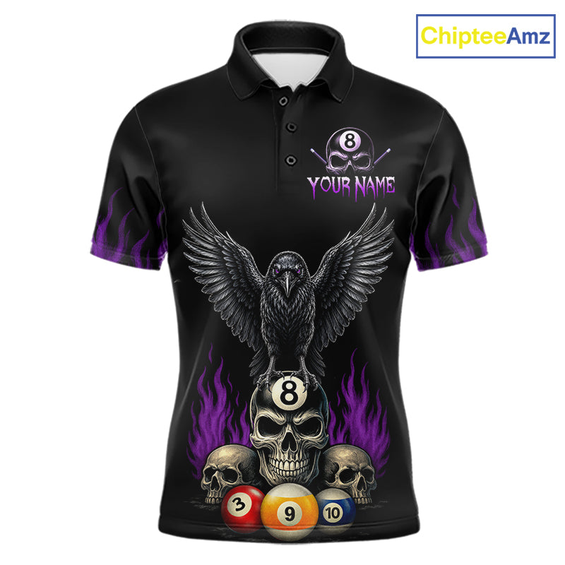 Personalized Raven 8 Ball Pool Skull Billiard Polo Shirt for Men Featuring Purple Halloween Raven Artwork with a Bold Skull Design for Pool League Players and Tournament Competition