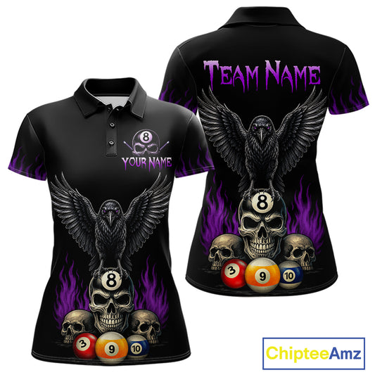Custom Purple Raven 8 Ball Pool Skull Polo Shirt for Women Designed for Personalized Billiard Team Jerseys with Premium Athletic Performance and Striking Halloween Graphics