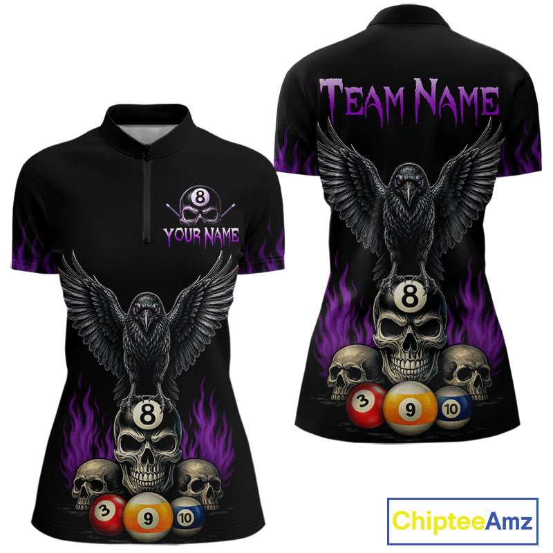 Personalized Purple Raven 8 Ball Pool Skull Quarter Zip Billiard Shirt for Women Created for Competitive Pool League Teams with Performance Fabric and Tournament Ready Comfort