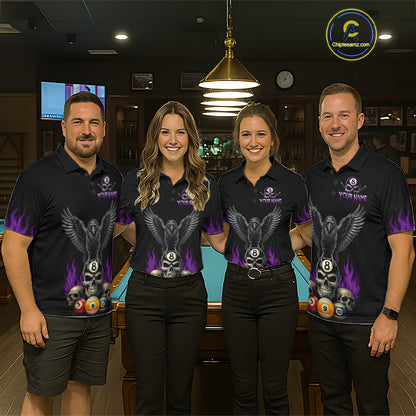 Pool Team Wearing Personalized Purple Raven 8 Ball Pool Skull Billiard Jerseys During League Competition and Tournament Matches, Front View