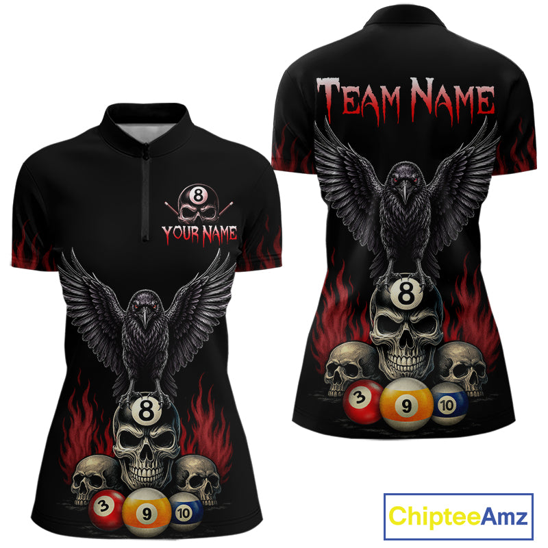 Personalized Raven 8 Ball Pool Skull Quarter Zip Billiard Shirt for Women Created for Competitive Pool League Teams with Performance Fabric and Tournament Ready Team Design