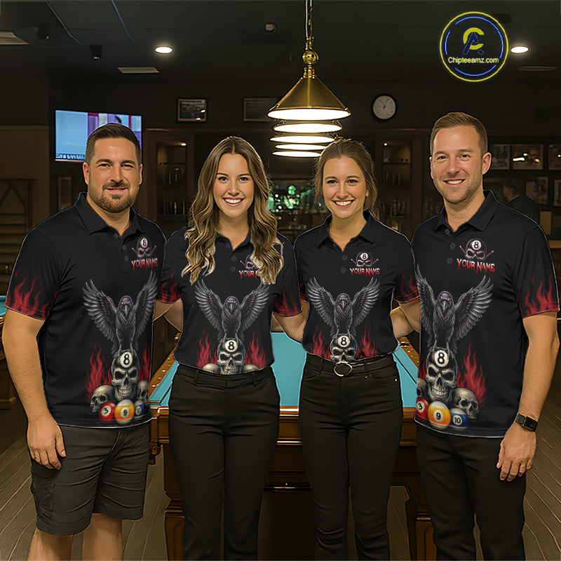 Pool Team Wearing Personalized Raven 8 Ball Pool Skull Billiard Jerseys During League Competition and Tournament Matches, Front View