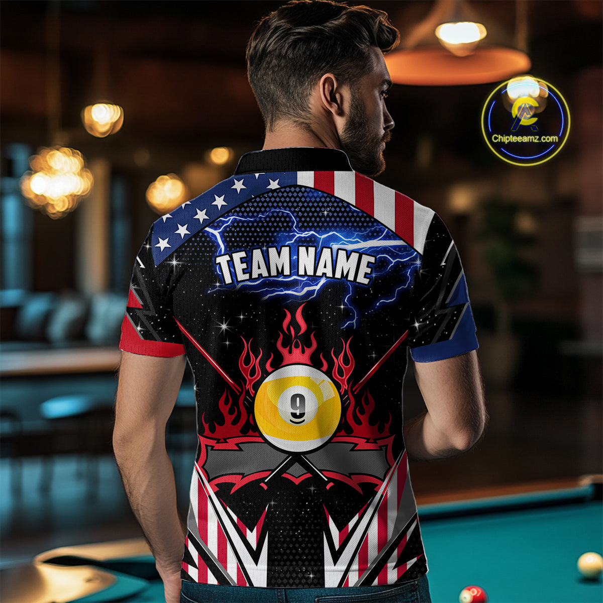 9 Ball Pool Billiard Jerseys Custom Lightning American Flag Men Billiard Shirts, 9 Ball Team Shirts TDM2867