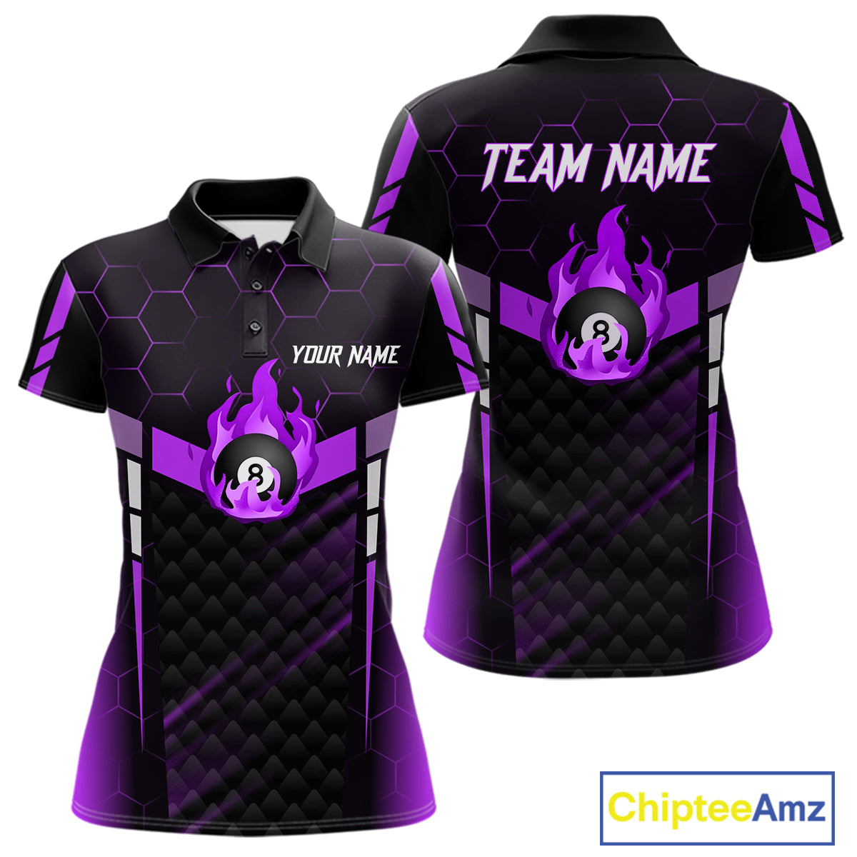 Personalized Purple 8 Ball Flame Billiard Shirt For Women Custom Billiard Team Jersey Polo & 1/4 Zip TDM5585