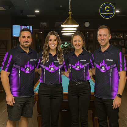Personalized Purple 8 Ball Flame Billiard Shirt For Men Custom Billiard Team Jersey Polo & 1/4 Zip TDM5585