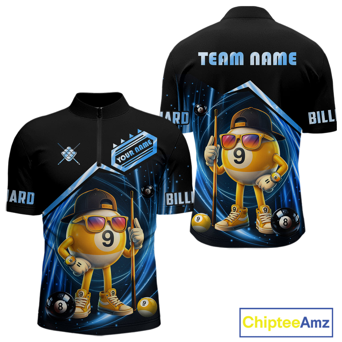Blue Funny 9 Ball Billiard Shirt For Men Custom Pool Team Shirt, Billiard Jersey Polo & 1/4 Zip TDM5834