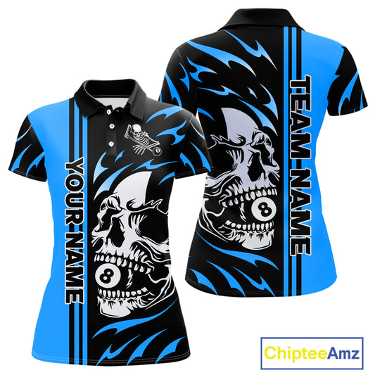 Personalized Blue 8 Ball Skull Billiard Shirt For Women Custom Pool Team Jersey, Billiard Outfit TDM4460