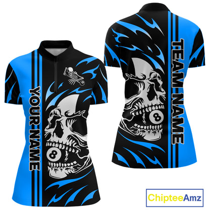 Personalized Blue 8 Ball Skull Billiard Shirt For Women Custom Pool Team Jersey, Billiard Outfit TDM4460