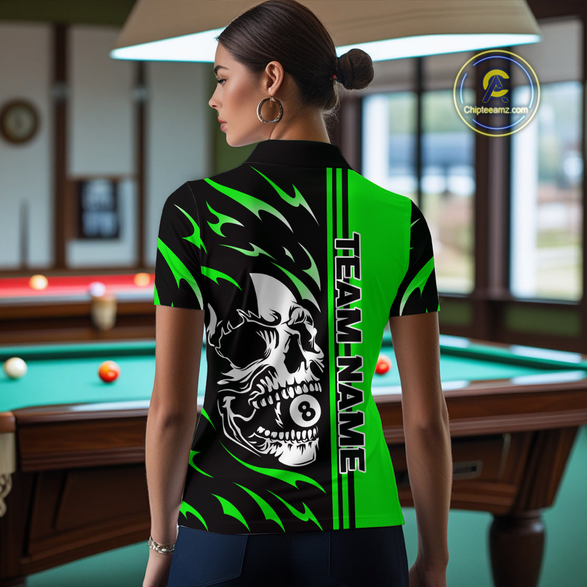 Personalized Green 8 Ball Skull Billiard Shirt For Women Custom Pool Team Jersey, Billiard Outfit TDM4461