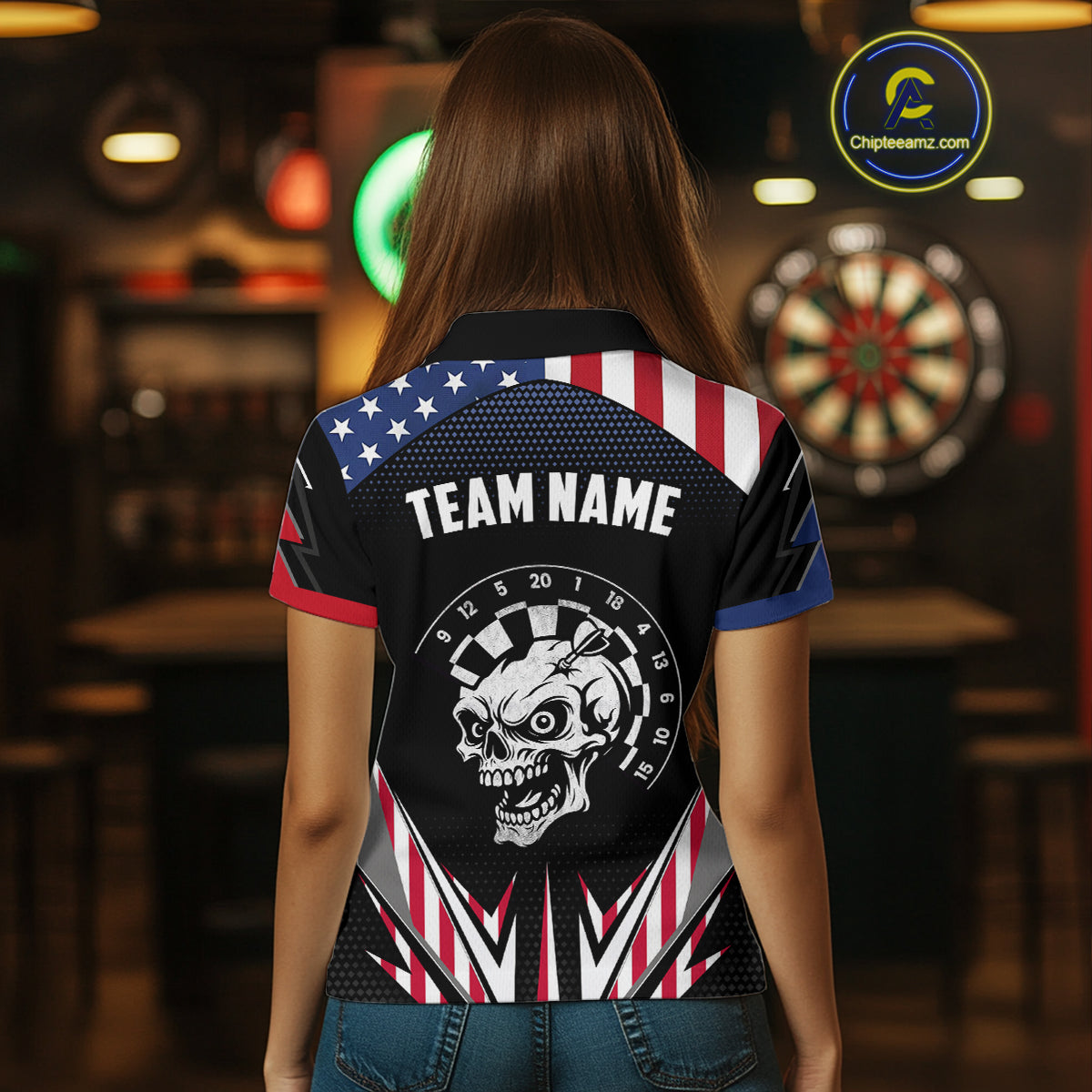 Personalized Patriotic Skull Darts Shirt For Women Custom American Flag Darts Jersey Polo & 1/4 Zip TDM4463