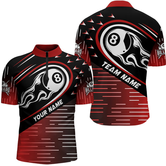 Personalized Red Black Flaming 8 Ball Men Quarter-Zip Shirts Custom Billiard Team Shirts TDM0455