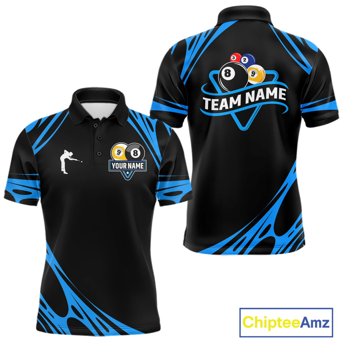 Personalized 8 Ball & 9 Ball Pool Billiard Polo, 1/4 Zip For Men Custom Team Billiard Jersey |Blue TDM5602