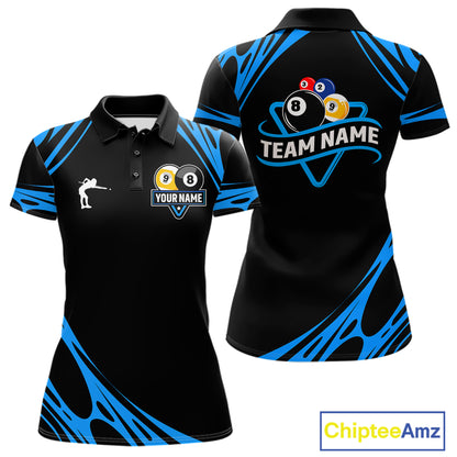 Personalized 8 Ball & 9 Ball Pool Billiard Polo, 1/4 Zip For Women Custom Team Billiard Jersey |Blue TDM5602
