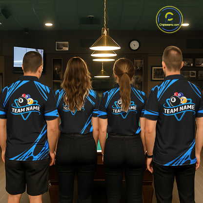 Personalized 8 Ball & 9 Ball Pool Billiard Polo, 1/4 Zip For Men Custom Team Billiard Jersey |Blue TDM5602