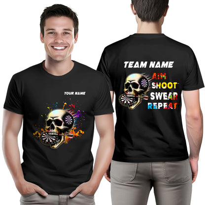Aim Shoot Swear Repeat Colorful Skull Black Dart T-Shirts Custom Funny Dart Shirts For Darts Player TDM3946