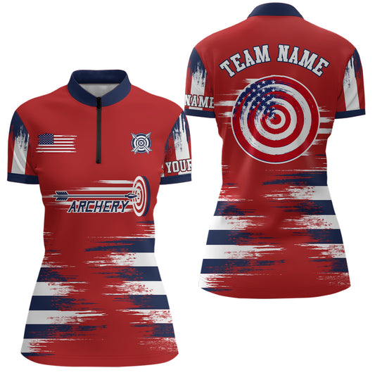 Personalized Red US Archery Target Women Quarter-Zip Shirts Custom Team Name Archery Jersey TDM0470