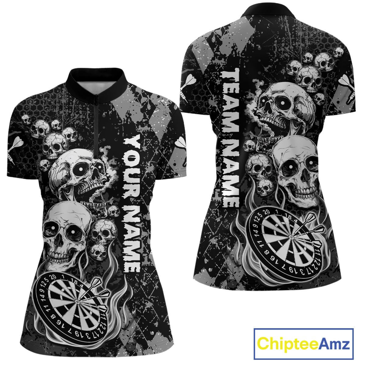 Black Grey Grunge Argyle Skull Dart Shirts Custom Women's Dart Jerseys Team Polo & Quarter Zip TDM3836
