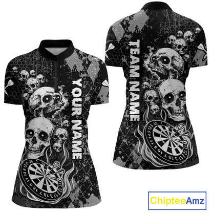 Black Grey Grunge Argyle Skull Dart Shirts Custom Women's Dart Jerseys Team Polo & Quarter Zip TDM3836