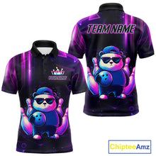 Load image into Gallery viewer, Colorful neon panda bowling polo shirt for men with custom bowling league team graphics.