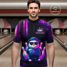 Load image into Gallery viewer, Man wearing a neon panda bowling quarter zip jersey during bowling league play front view.