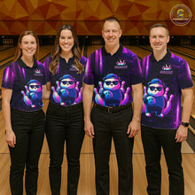 Load image into Gallery viewer, Bowling team wearing matching neon panda bowling jerseys during team competition front view.