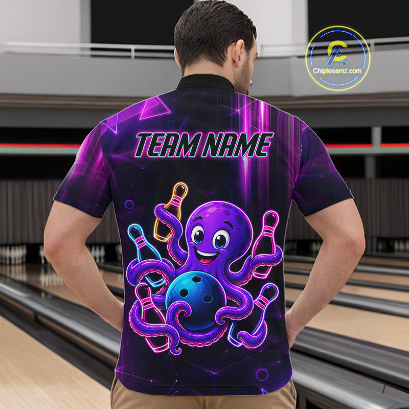 Back view of man wearing a neon octopus bowling quarter zip shirt in a bowling alley.