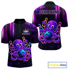 Load image into Gallery viewer, Colorful neon octopus bowling quarter zip shirt for men built for league tournaments and team events.
