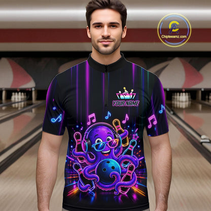 Man wearing a neon octopus music bowling quarter zip jersey during tournament play front view.