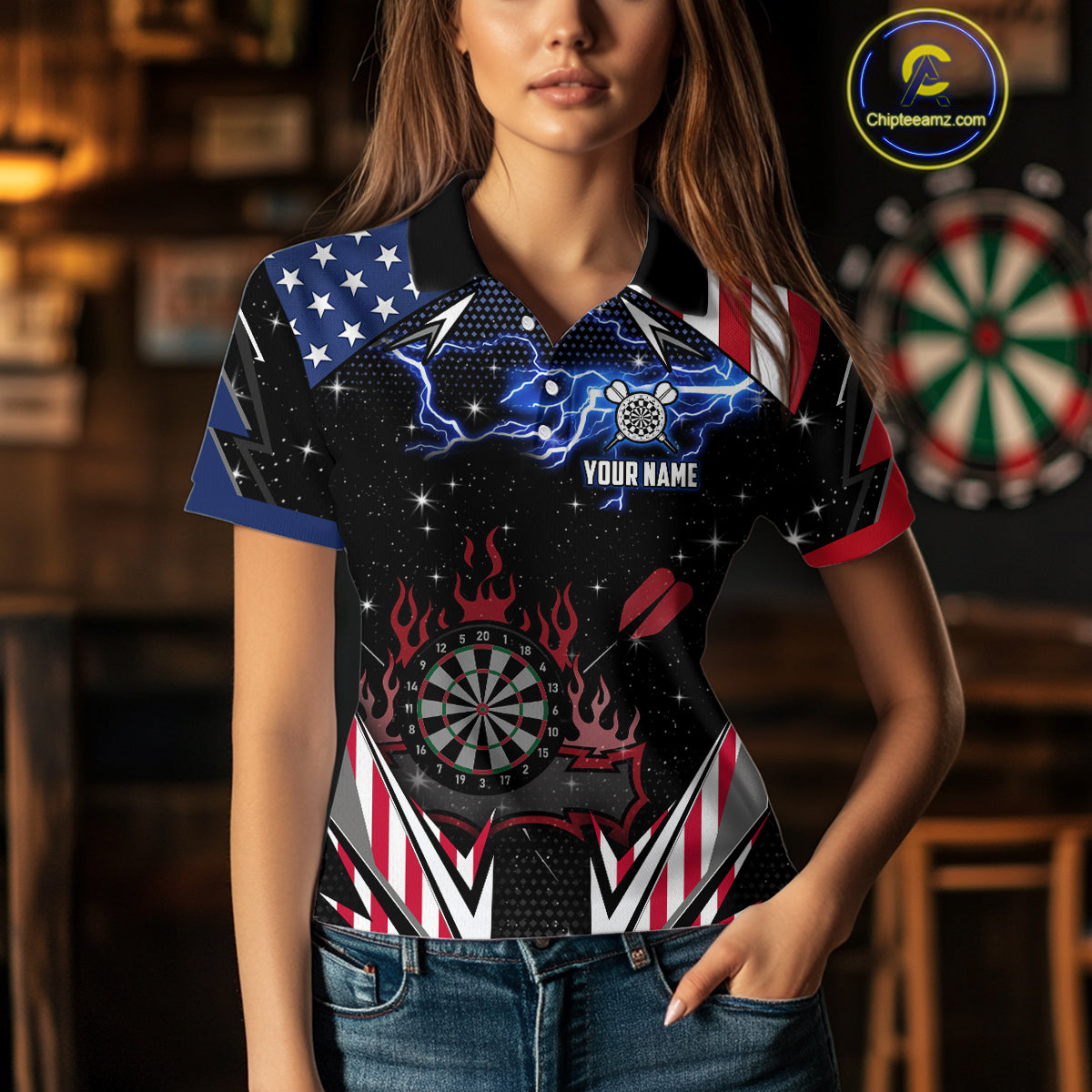 Personalized Thunder Lightning American Flag Darts Shirt For Women, Patriotic Darts League Jersey TDM4504