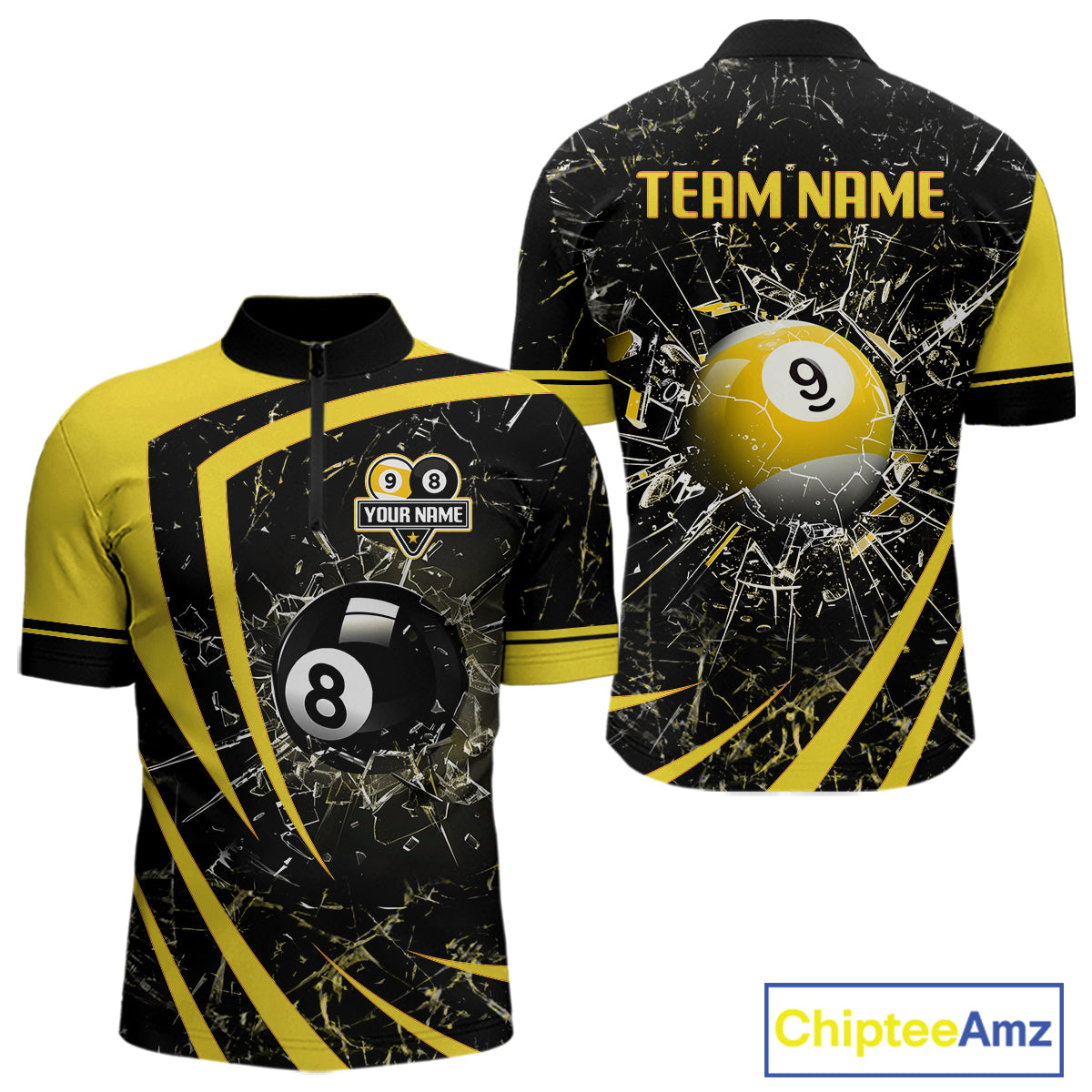 Black And Yellow 8 Ball & 9 Ball Glass Break Billiard Shirt For Men Custom Pool Team Jersey TDM5643