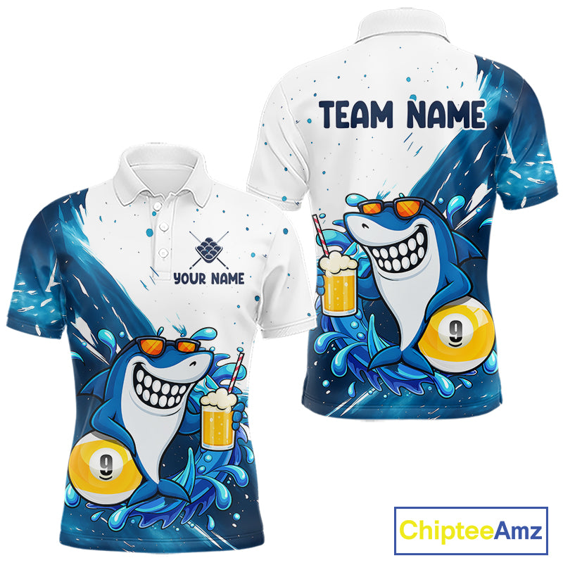 Blue and white funny shark 9 ball pool billiard team jersey polo shirt for men, custom pool league apparel and tournament jersey.