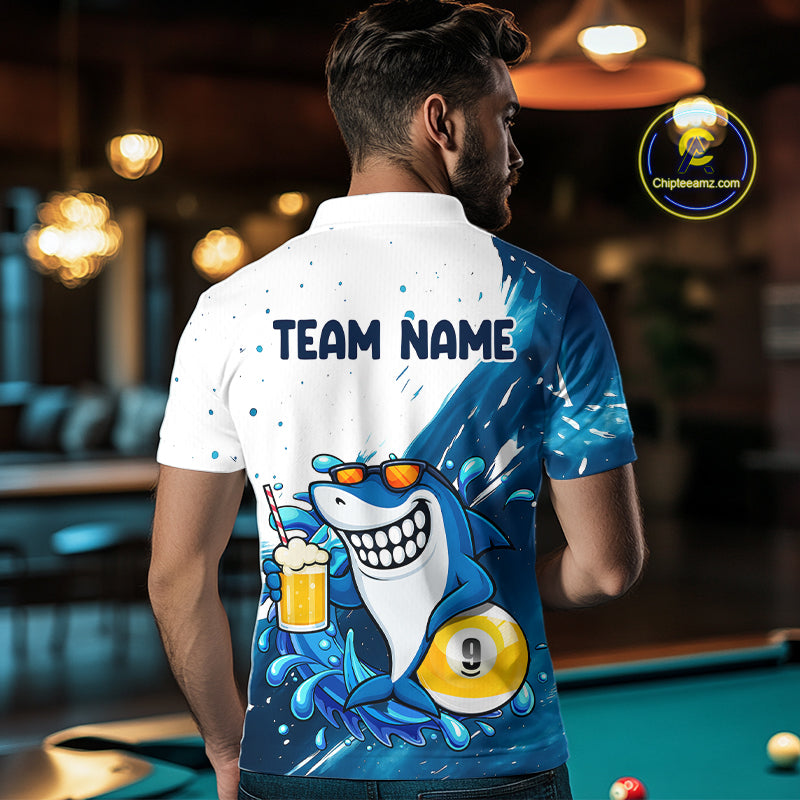 Man wearing custom blue funny shark 8 ball and 9 ball pool billiard polo shirt back view.