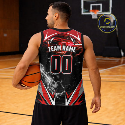 Black And Red Custom Thunder Lightning Basketball Shirt, Best Basketball Jerseys Uniform TDM5671