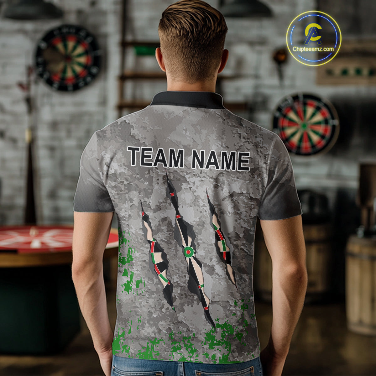 Custom Green Grey Grunge Dart Shirt With Pocket Option For Men, Darts Jersey TDM4528