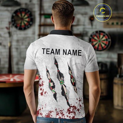 Custom White Red Grunge Dart Shirt With Pocket Option For Men, Darts Jersey TDM4529