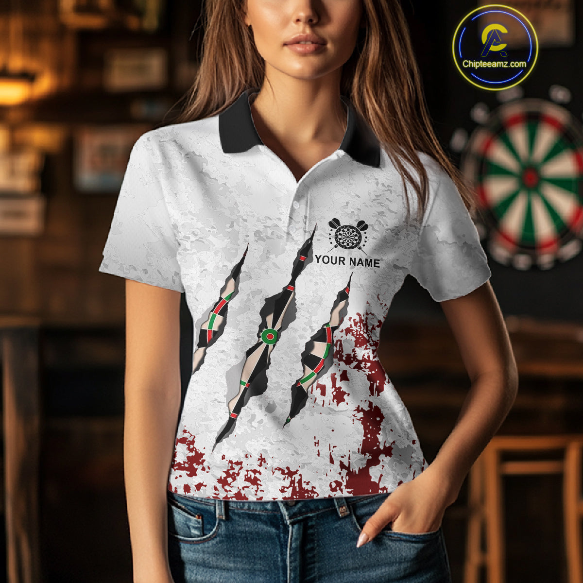 Custom White Red Grunge Dart Shirt With Pocket Option For Women, Darts Jersey TDM4529