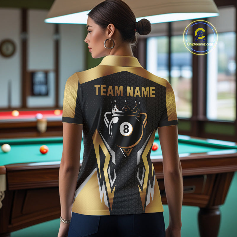 Black And Golden 8 Ball Pool Crown Billiard Shirt For Women Custom Billiard Jersey Polo & 1/4 Zip TDM4321