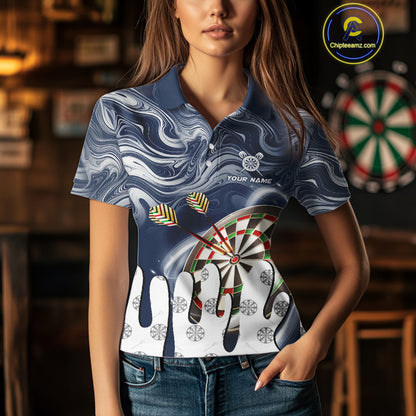 Personalized Marble Swirl Dart Shirts For Women Custom Funny Darts Team Jersey Polo & 1/4 Zip |Blue TDM4161