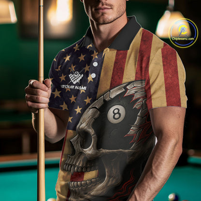 Vintage American Flag Skull Billiard Shirt For Men Custom 8 Ball Patriotic Pool Team Jerseys TDM4156