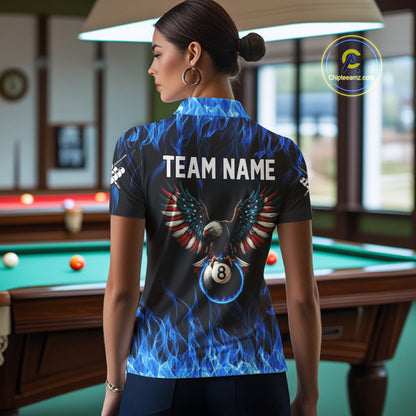 Blue Flaming American Flag Eagle 8 Ball Billiard Shirt For Women Custom Patriotic Pool Team Jersey TDM4328