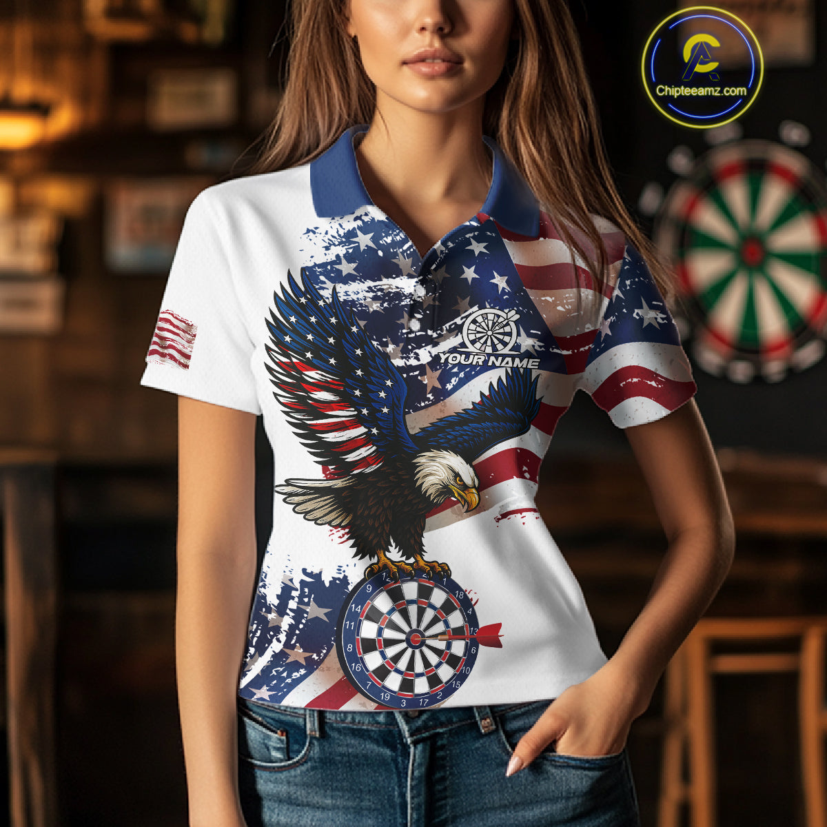 Personalized Grunge American Flag Eagle Darts Shirt For Women Custom Patriotic Darts Team Jersey TDM4756