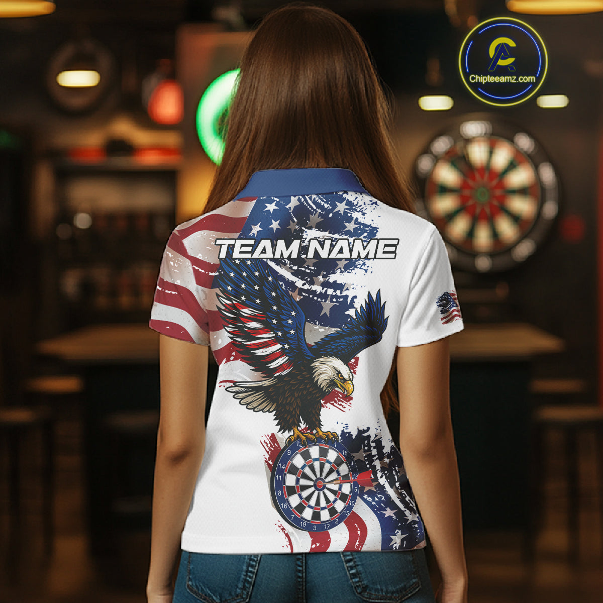 Personalized Grunge American Flag Eagle Darts Shirt For Women Custom Patriotic Darts Team Jersey TDM4756