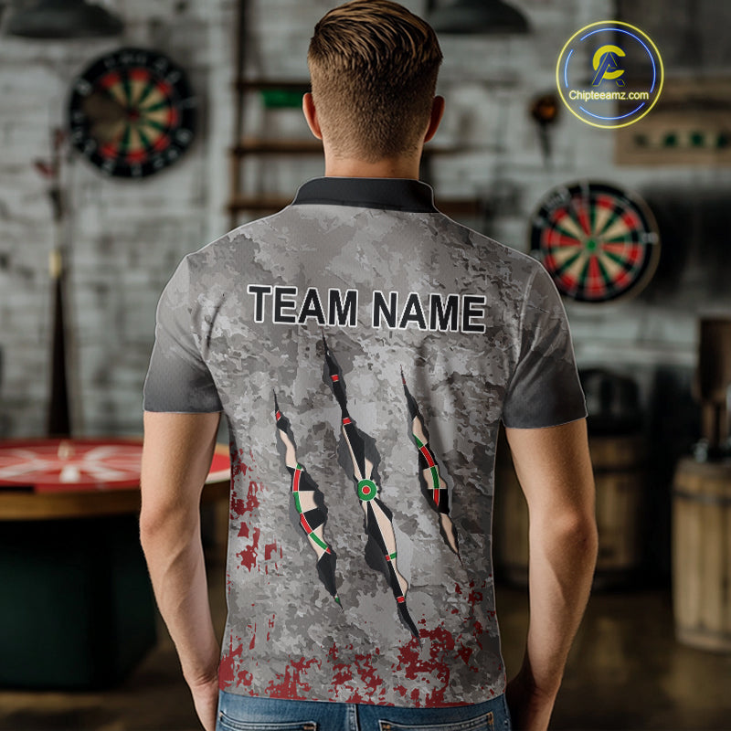 Custom Red Grey Grunge Dart Shirts With Pocket Option For Men, Darts Jersey TDM4179